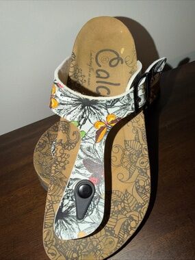 Calceo Toe Post Cork Sandals Boho Botanical Womens 37 US 6.5-7 EUC
